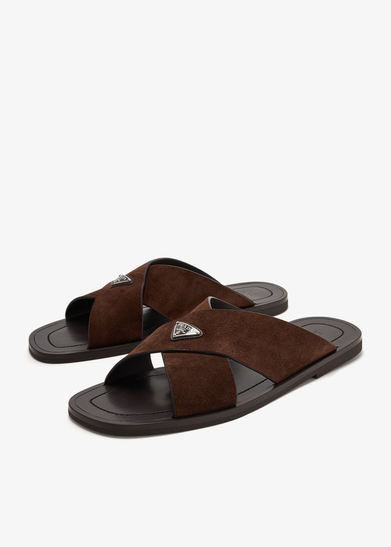 Prada suede crisscross slides dark brown