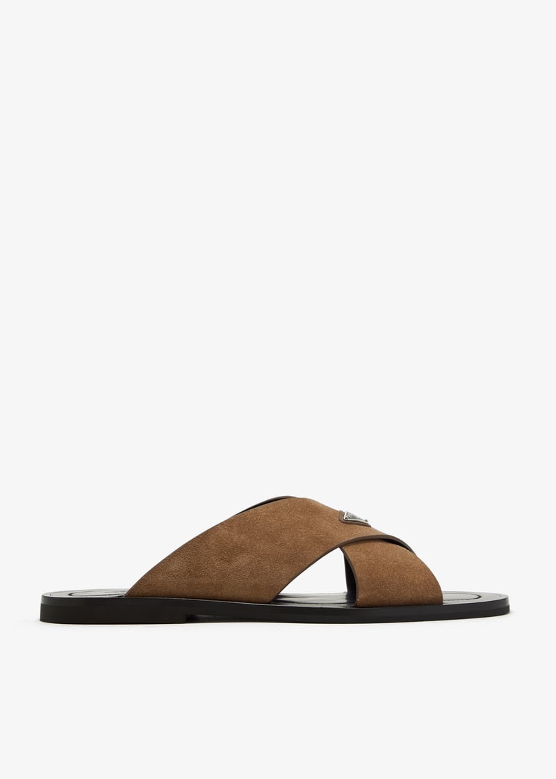 Prada suede crisscross slides tabaco