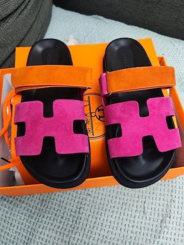 Hermes Chypre Pink Orange Suede Sandals